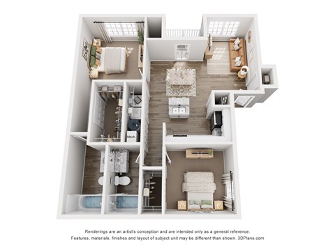 Floor plan for 2 beds, 2 baths, 1081 sqft